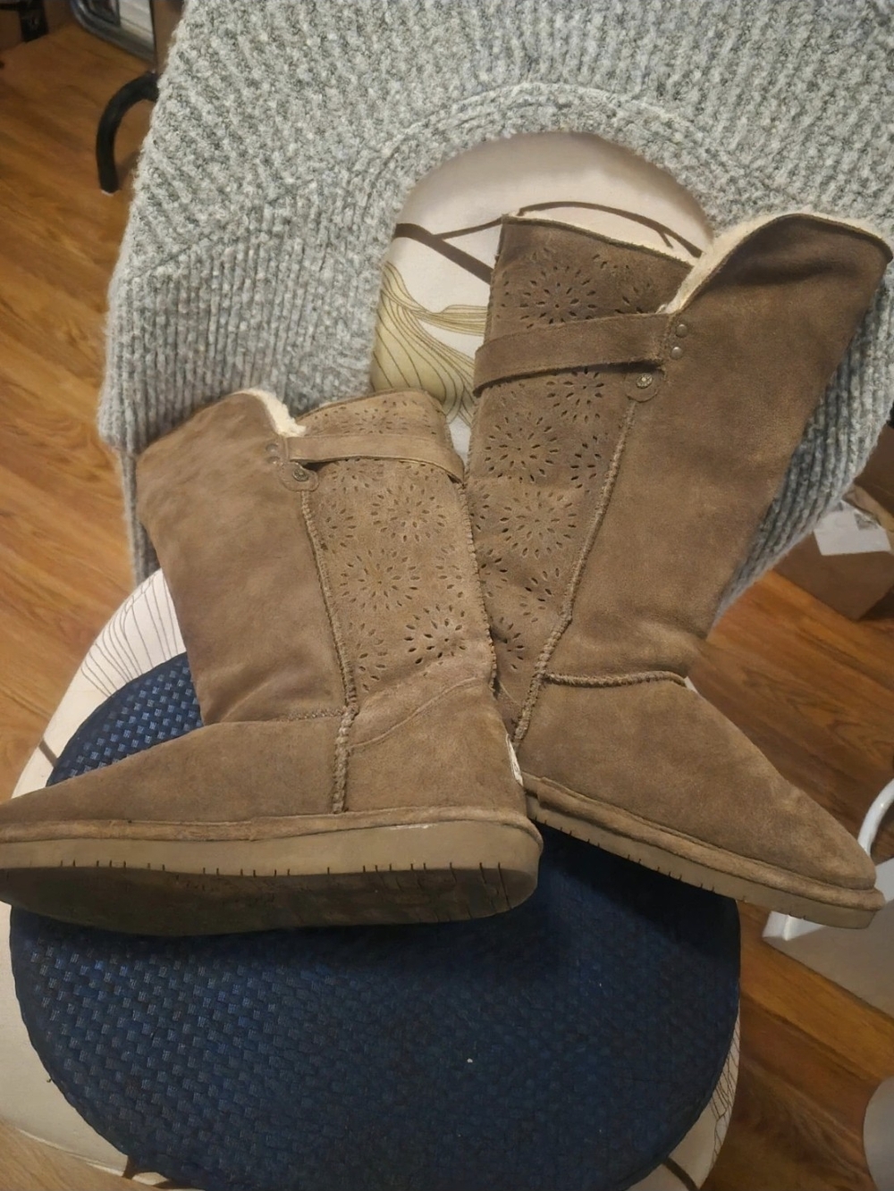 BearPaw Women's Taupe Suede Mid-Calf Heeled Boots with Laser-Cut Detail